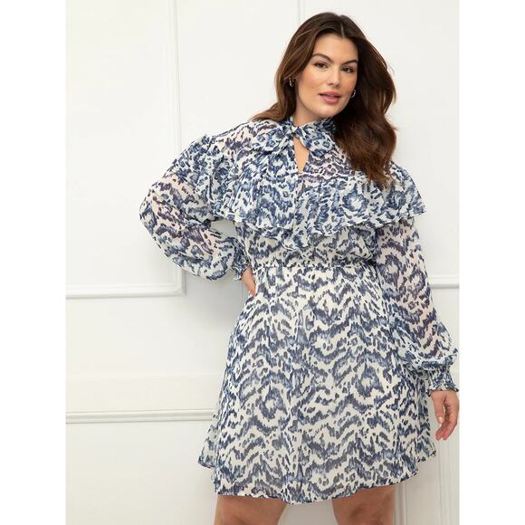 Eloquii Chiffon Tie Neck Long Sleeve Fit & Flare Dress Plus Size 20 Blue White - Picture 1 of 11